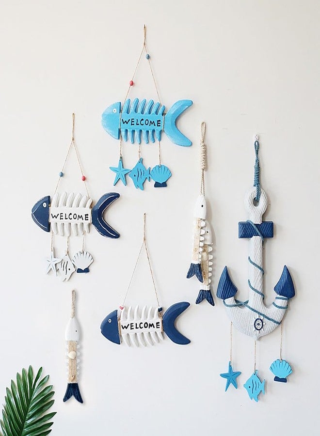 Miyolo Fish Wall Decor Mediterranean Beach Themed Welcome Sign Wooden Fish Skeleton Nautical Ornament for Kids Room Kindergarten School Bathroom 10.8" x 3.8" Porch Door Hanging Decorations - Image 5